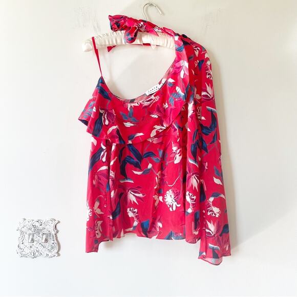 NWOT Tanya Taylor Jules One Shoulder Silk Blouse Papaya Red Floral 6 - Picture 4 of 9